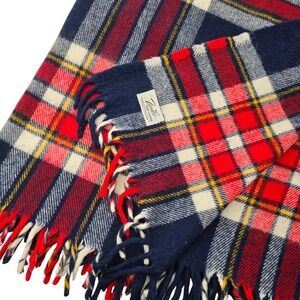 Faribo Fluff Loomed Vintage Wool Plaid Throw Blanket Red Blue Fringe 56x50 USA